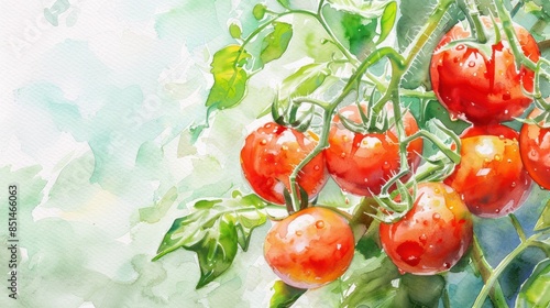 A vibrant watercolor painting of ripe red tomatoes on the vine against a soft, blurred background with lush green leaves.