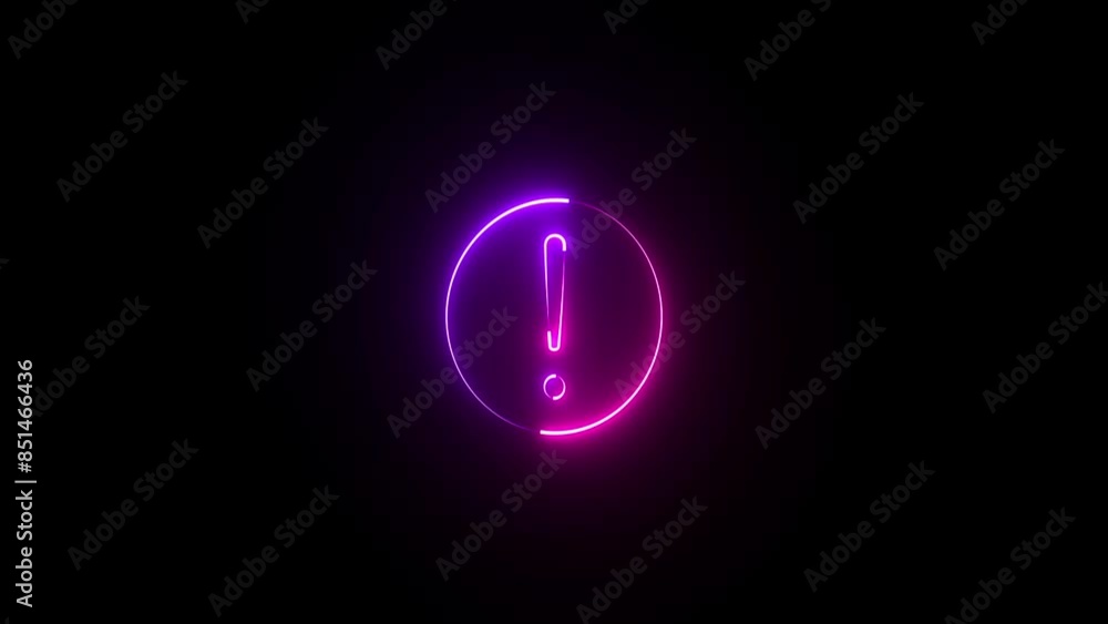Blue and pink color glowing neon line circle with exclamation mark. Neon circle warning sign icon animation. Neon warning icon on black background. Blue and pink color glowing neon line circle with exclamation mark. Neon circle warning sign icon animation. Neon warning icon on black background.