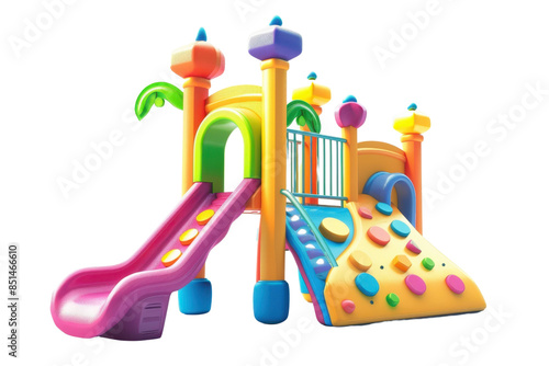 Colorful children's playground equipment with slides and climbing wall, perfect for outdoor fun and development. photo