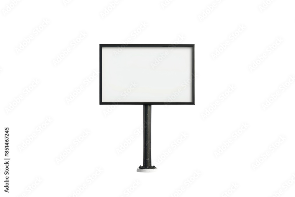 Empty white rectangular sign on a black stand with a blank space for text or advertisement against a transparent background. Empty white rectangular sign on a black stand with a blank space for text or advertisement against a transparent background.