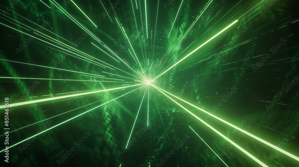 Naklejka premium A green laser beam shines from the center of an abstract dark background, leaving behind streaks and lines in all directions