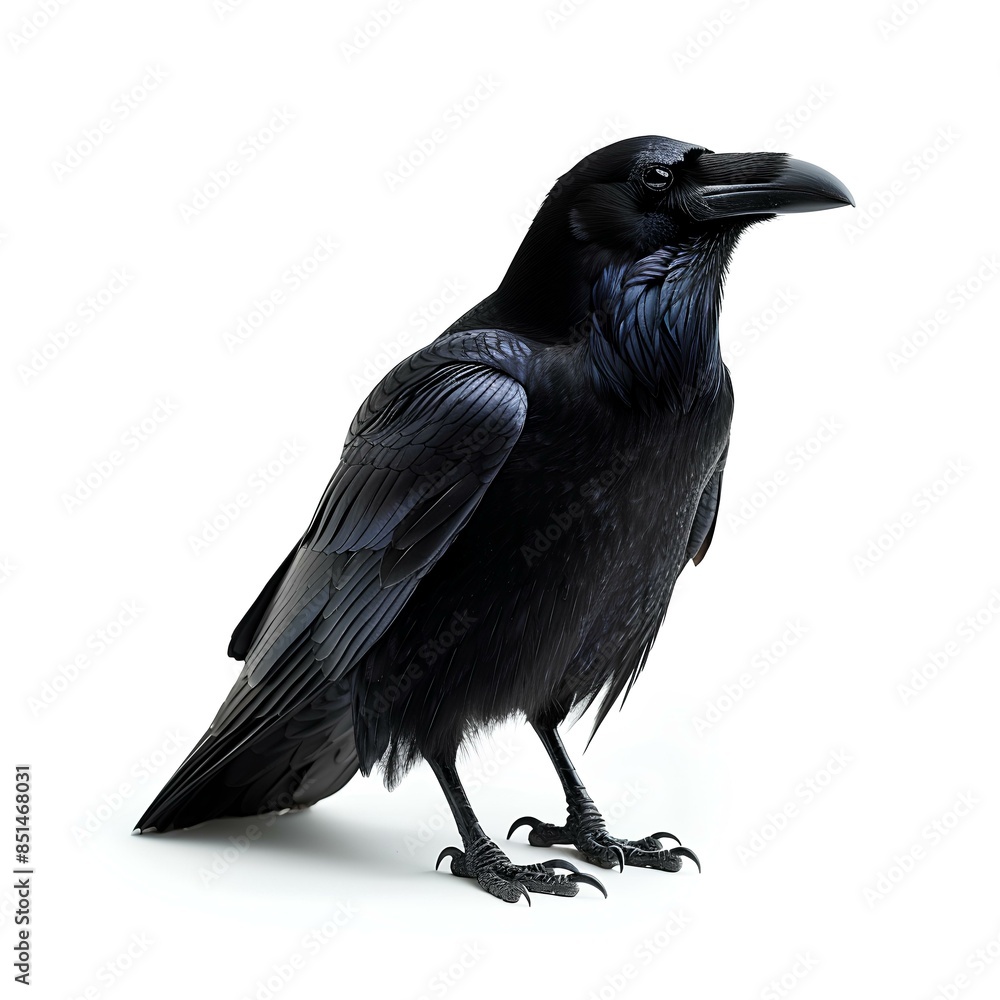 Fototapeta premium Raven bird isolated on white background with shadow. Black raven