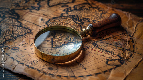 Magnifying glass on the background of the old map. photo