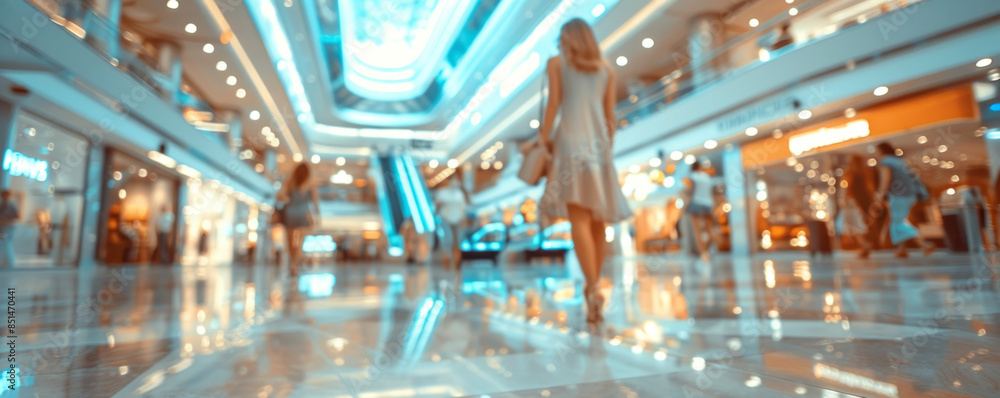 Blurred background of a modern shopping mall with some shoppers. Stylish women looking at showcase, motion blur. Blurred background of a modern shopping mall with some shoppers. Stylish women looking at showcase, motion blur.
