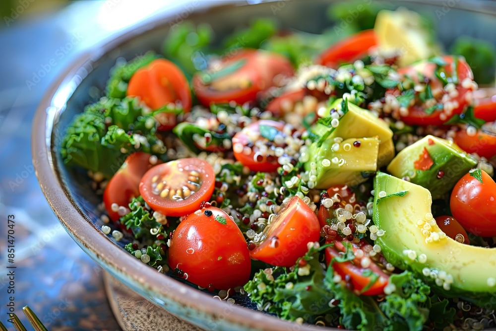 A vibrant salad with quinoa, kale, cherry tomatoes, and avocado A vibrant salad with quinoa, kale, cherry tomatoes, and avocado