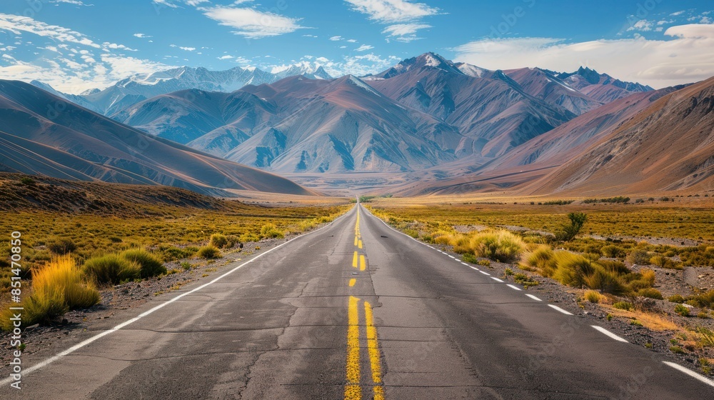 Naklejka premium Scenic highway stretching towards majestic mountains under a vibrant blue sky, capturing the beauty of open road adventure.