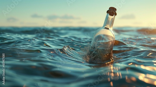 A glass bottle floating in the ocean waves , depicting old pirate folkways photo