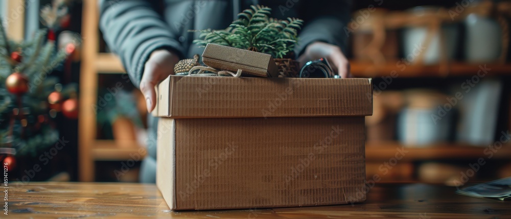 Naklejka premium A person is holding a cardboard box with a plant inside