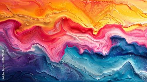 Colorful abstract marbled acrylic paint ink waves painting. Vibrant texture with bold rainbow swirls.