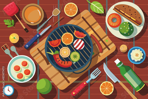 vector illustration of grilled meat served at the table, flat lay, barbecue background