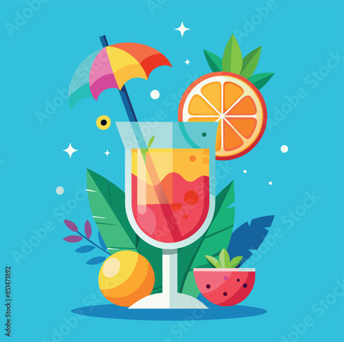 Cocktail on a beach. Fruity colorful summer cocktail glass vector illustration.