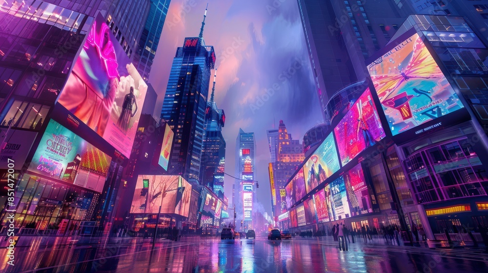 Vibrant cityscape at night with illuminated skyscrapers and colorful advertisements reflecting on wet streets. Vibrant cityscape at night with illuminated skyscrapers and colorful advertisements reflecting on wet streets.