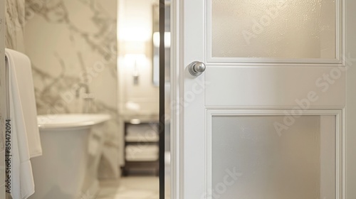 Wallpaper Mural Close-up of a bathroom door with frosted glass panels leading to an elegant white marble bathroom in a hotel suite Torontodigital.ca