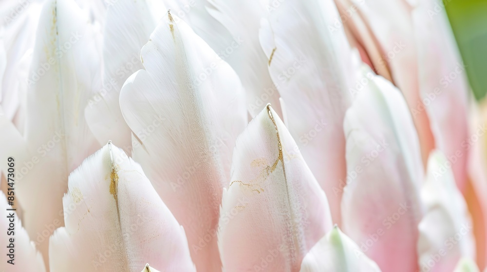 Protea flower, macro view, soft pink and white, gentle natural light, detailed textures, lush green backdrop. Protea flower, macro view, soft pink and white, gentle natural light, detailed textures, lush green backdrop.