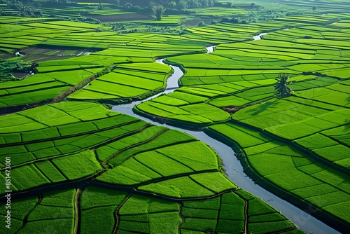 Rice field with irrigation channels, lush green rice plants, intricate details of water channels,