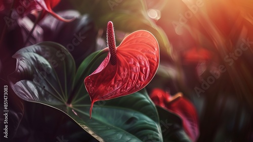 Anthurium bloom, close-up, vibrant red spathe, soft ambient light, high detail, blurred foliage background. photo
