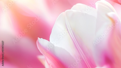 Tulip petal border, close-up, vibrant pink and white, soft focus, warm light, blurred background. 