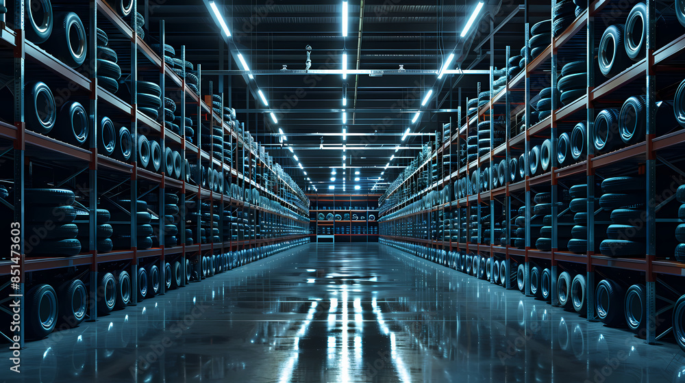 Fototapeta premium Rows of tires are stacked on the shelves in the warehouse