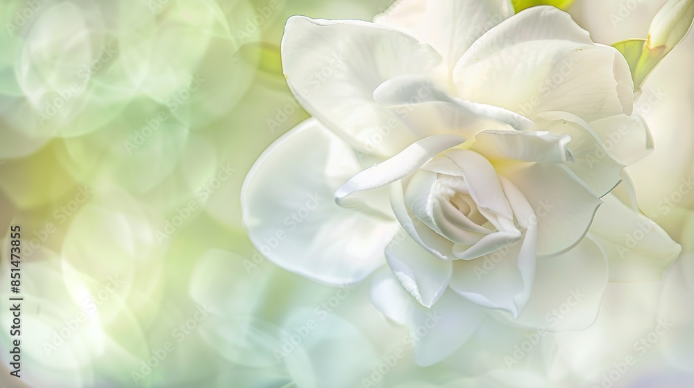 Gardenia bloom, macro shot, soft pastel white, gentle light, detailed textures, green bokeh backdrop. Gardenia bloom, macro shot, soft pastel white, gentle light, detailed textures, green bokeh backdrop.