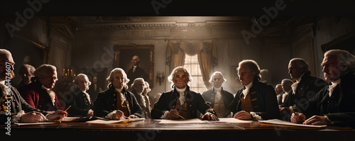 A scene of the signing of the Declaration of Independence, the Founding Fathers gathered around a table, their faces etched with determination.