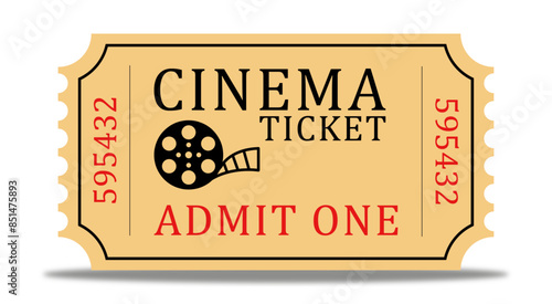 Retro cinema yellow ticket sample with cinema logotype and number realistic vector illustration