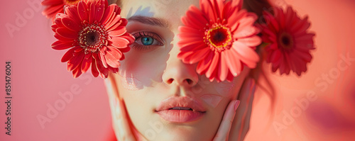 art portrait of woman in pink dress holding red germini flowers in front of her eyes, photo