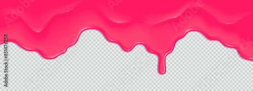 Realistic 3D dripping glossy pink chewing gum isolated on a transparent background. Border of flowing sticky sweet slime. Vector template of slime, cream or caramel icing for cake or donut