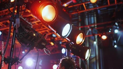 Close-up of light technicians adjusting spotlights and stage lighting equipment