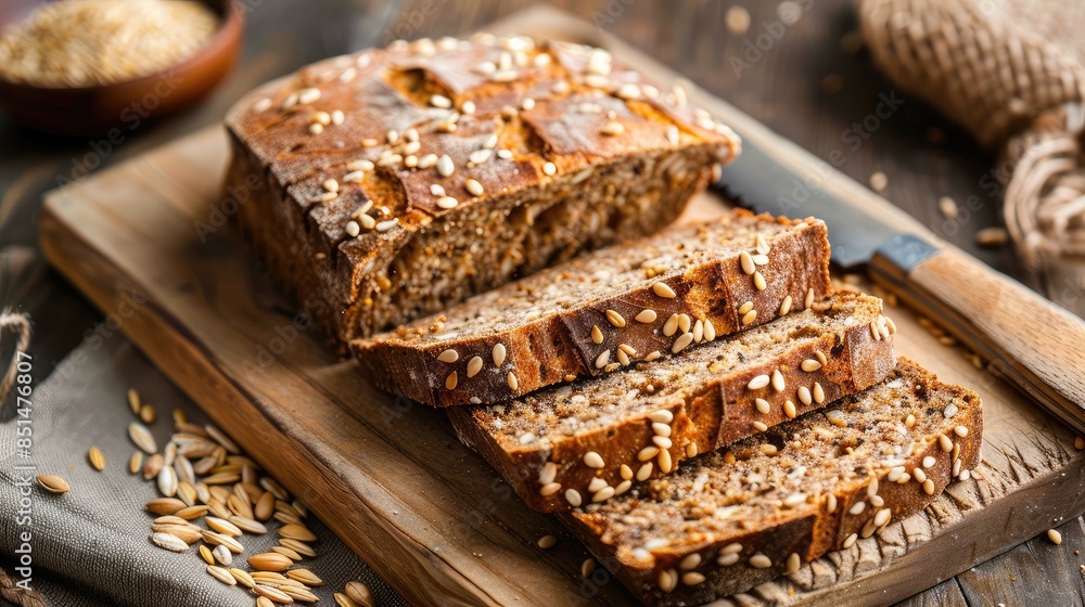 Close-up of whole grain sliced bread with seeds, placed on a cutting board with a bread knife Close-up of whole grain sliced bread with seeds, placed on a cutting board with a bread knife