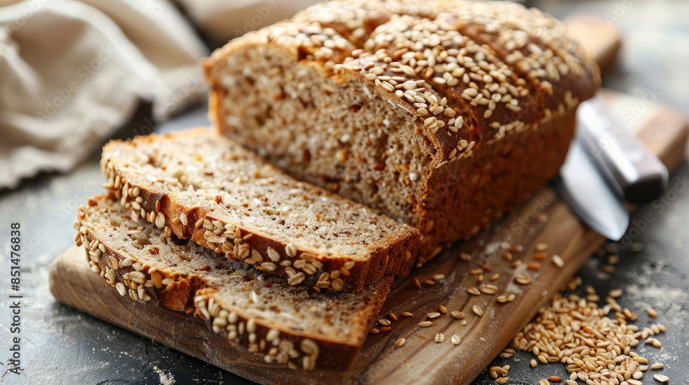 Close-up of whole grain sliced bread with seeds, placed on a cutting board with a bread knife Close-up of whole grain sliced bread with seeds, placed on a cutting board with a bread knife
