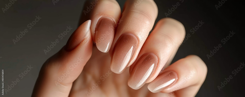 A woman's hand elegantly displayed with a flawless light brown gel polish manicure, highlighting the minimalistic beauty and precision of nail art, set in refined ambiance of a top-tier beauty salon. A woman's hand elegantly displayed with a flawless light brown gel polish manicure, highlighting the minimalistic beauty and precision of nail art, set in refined ambiance of a top-tier beauty salon.