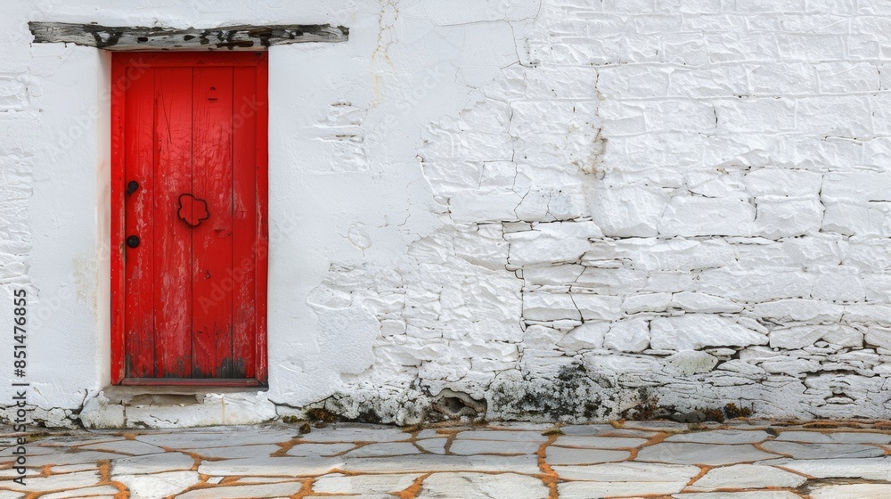 Naklejka premium A striking red door set against a white-washed wall, inviting curiosity and intrigue.
