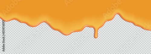 Flowing sweet caramel, honey, maple syrup or sauce. Liquid wave of paint or oil on transparent background. 3d realistic vector illustration. Top horizontal border of the frame