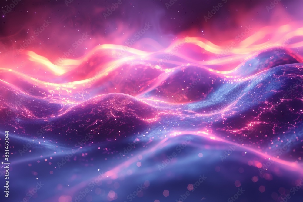 Fototapeta premium Neon colors flow with grainy texture effect on a purple, pink, and blue color gradient background. Blurred futuristic banner design.