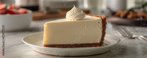 A slice of New York-style cheesecake with a graham cracker crust and a rich, creamy filling. photo