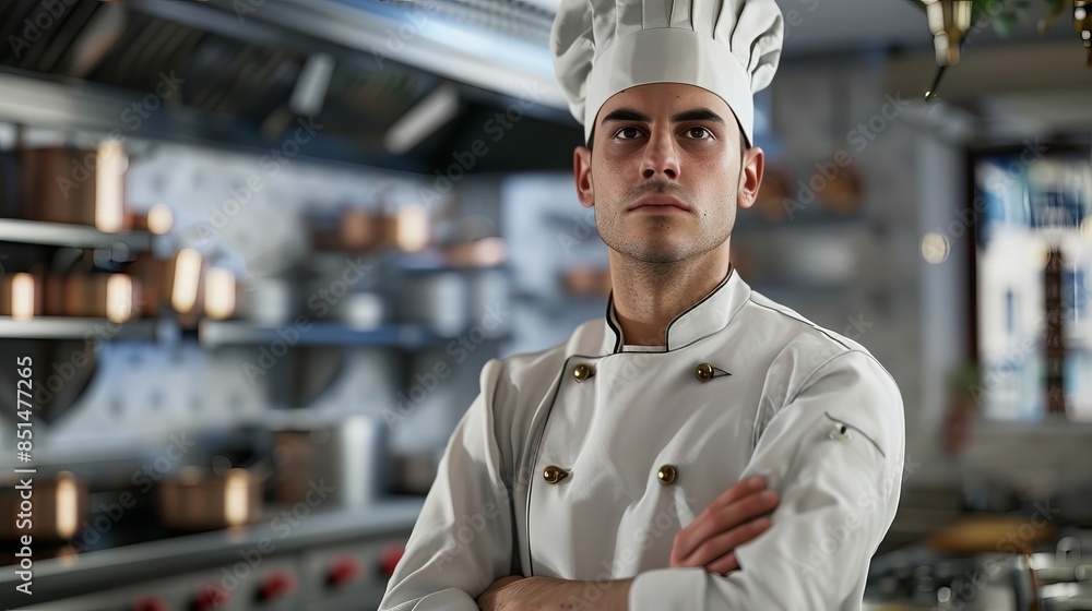 A proud master chef standing in an attitude pose in his work kitchen wearing his white uniform and chef hat , He is standing determined and is happy and proud of his work A proud master chef standing in an attitude pose in his work kitchen wearing his white uniform and chef hat , He is standing determined and is happy and proud of his work