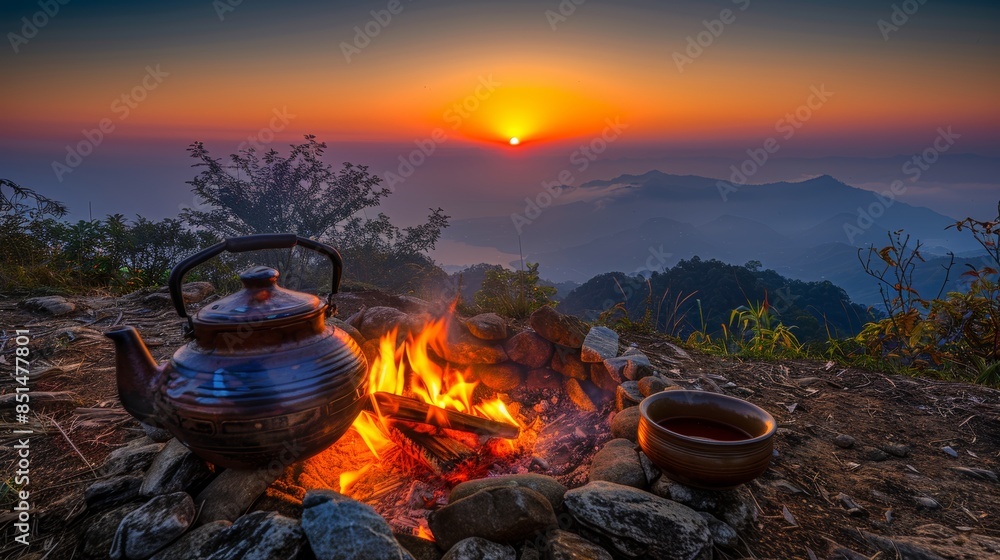 Serene sunset campsite campfire, tea pot, tent, mountains travel and hobbies scene Serene sunset campsite campfire, tea pot, tent, mountains travel and hobbies scene