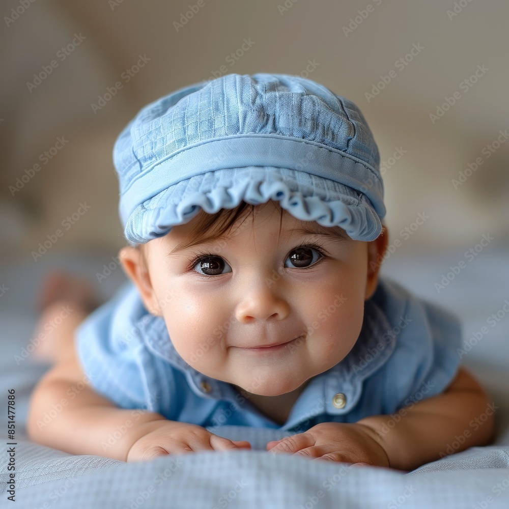 A baby wearing a blue hat and a blue shirt is laying on a white surface A baby wearing a blue hat and a blue shirt is laying on a white surface