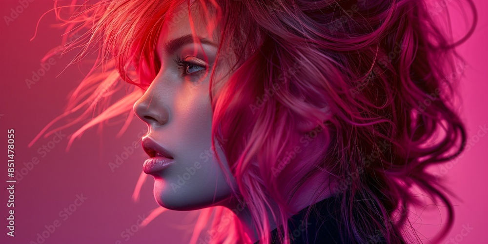portrait of a beautiful lady with dynamic hairstyle in magenta color tones portrait of a beautiful lady with dynamic hairstyle in magenta color tones