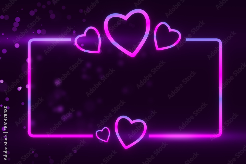 Pink neon hearts and rectangle frame on a purple backdrop with bokeh effects, showcasing a love concept. 3D Rendering Pink neon hearts and rectangle frame on a purple backdrop with bokeh effects, showcasing a love concept. 3D Rendering