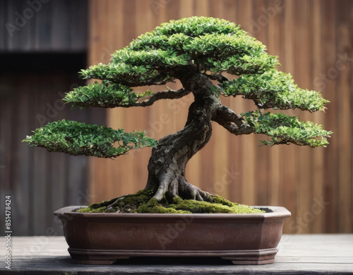 Un bellissimo bonsai con rami contorti e foglie verdi rigogliose, esposto su un tavolo di legno.
 photo