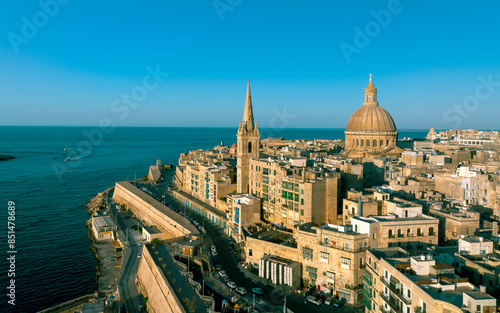 Valletta, Malta - Aerial view of Our Lady of Mount Carmel church, and St.Paul's Cathedral