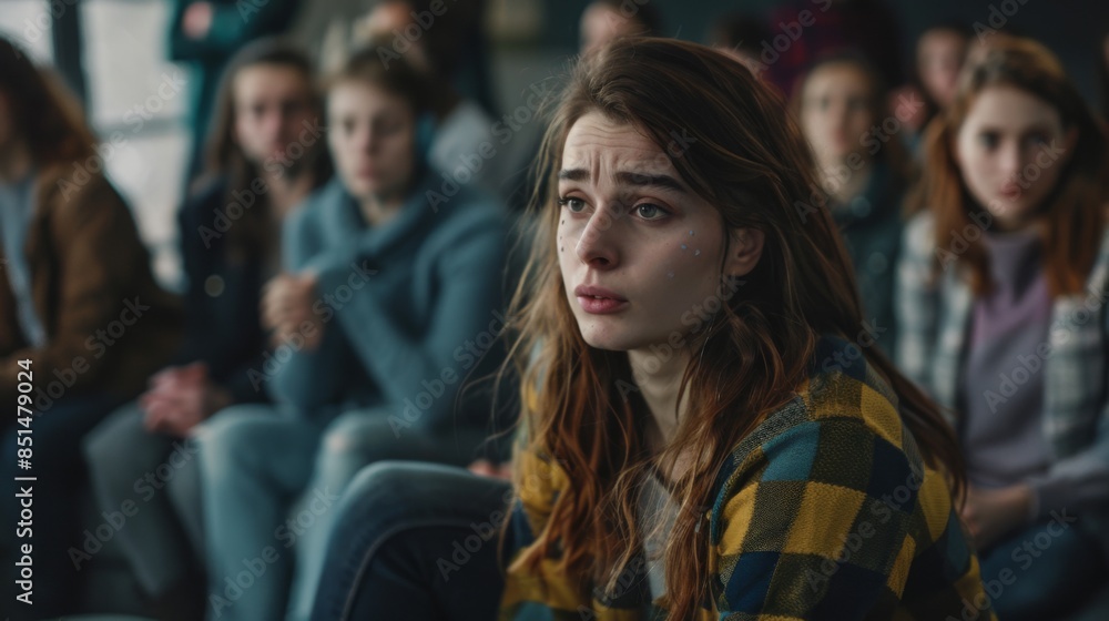Obraz premium Sad depressed woman at support group meeting for mental health and addiction issues in anonymous community space with many people around