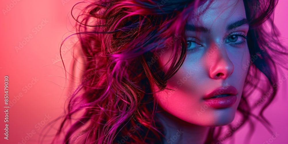portrait of a beautiful lady with dynamic hairstyle in magenta color tones portrait of a beautiful lady with dynamic hairstyle in magenta color tones
