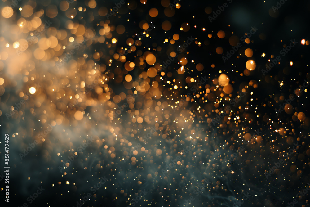 Fototapeta premium A mesmerizing display of golden sparkles and bokeh light effects, creating a magical and festive atmosphere with a dark background. 