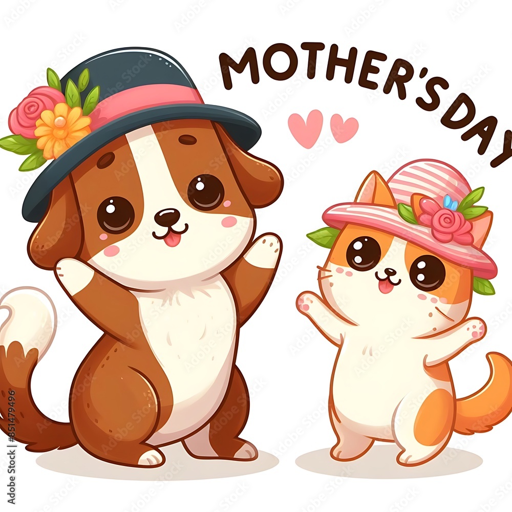Fototapeta premium A cartoon of a dog design graphic and a cat design graphic wearing hats vector.