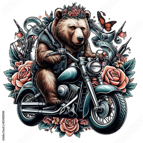 A bear design colours drawing graphic riding a motorcycle design colours drawing graphic.