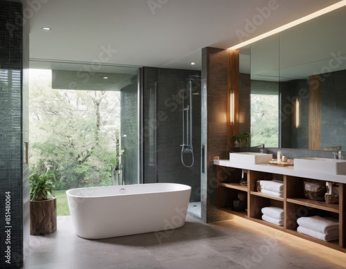 Un bagno moderno e luminoso con una vasca da bagno e ampie finestre che permettono alla luce naturale di riempire lo spazio.
