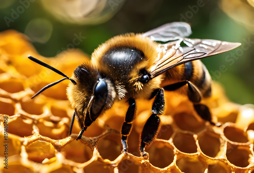 Close-up of a bee on a honeycomb, showcasing the intricate details of the bee and the honeycomb structure. National Honey Month.