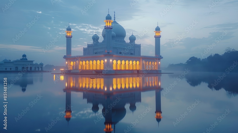 Obraz premium A majestic white mosque with golden lights, reflecting on a calm lake at dusk.
